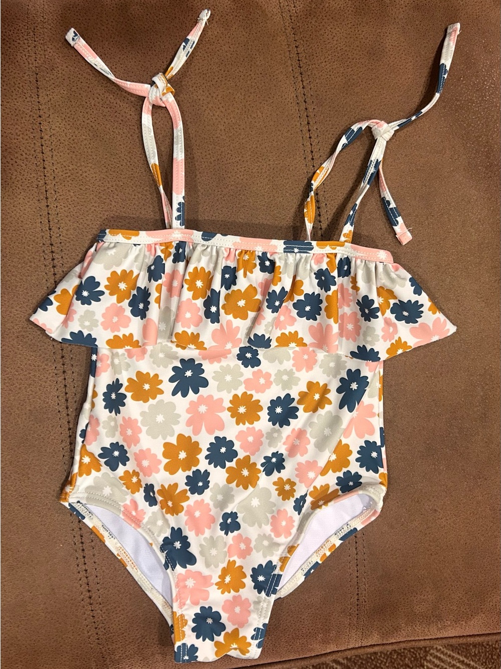 Girls Floral Ruffle One-Piece Swimsuit - Pink, Mustard & Navy